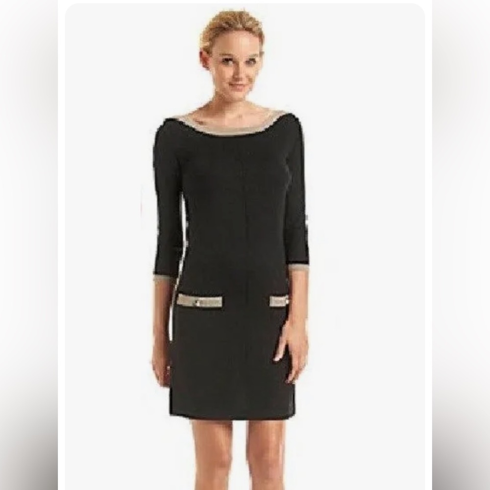 Nine West Black|Boatneck Tunic Sweater Sheath Dress w/Silver Metallic Trim Sz M